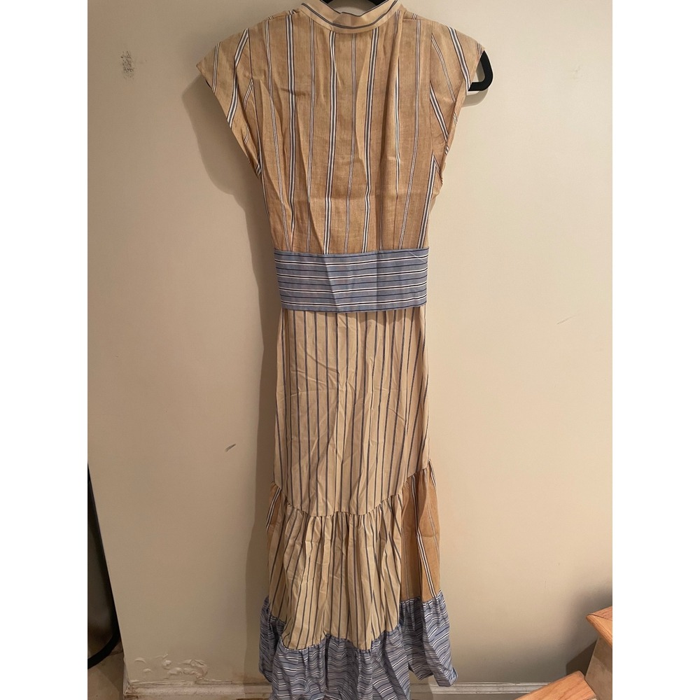 Sandro Paris Striped Tiered Midi Dress Tan Blue V-Neck TieWaist SFPRO01114 34 XS - Picture 6 of 6